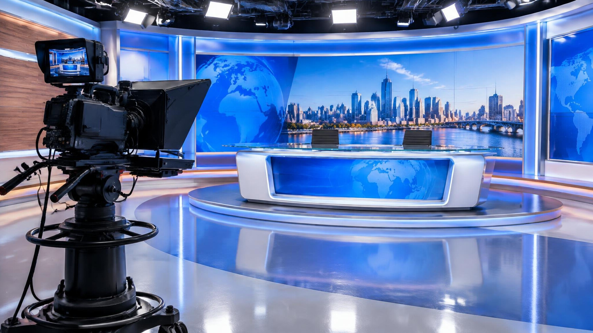 Camera crew filming in a bright television studio